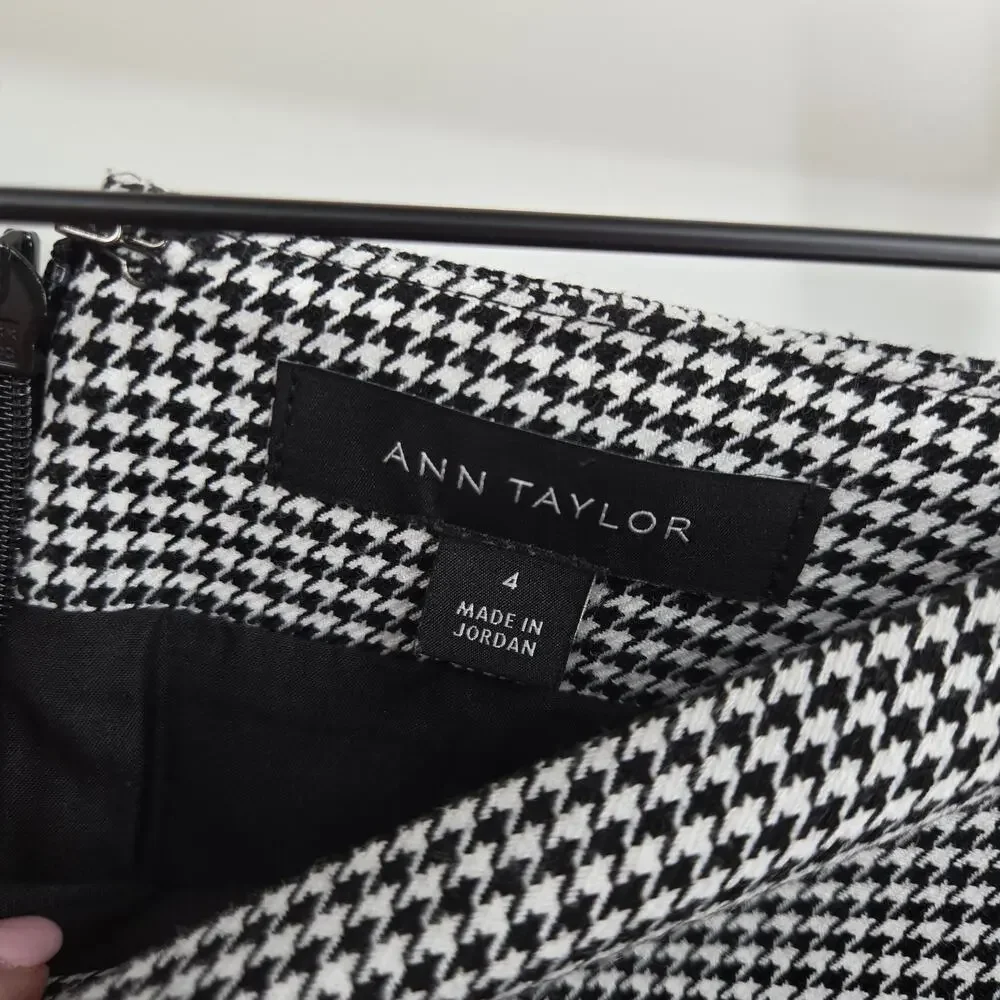 Ann Taylor 4 Mini Skirt Houndstooth Black White Wrap Leather Buckle Aline Flare - Picture 5 of 6